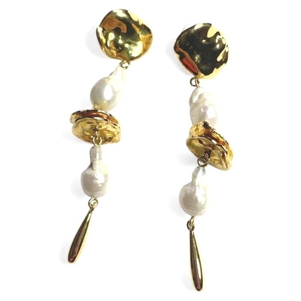 Lizzie Fortunato Gold Mine Statement Earrings Pearl 24K Gold Plated EUC